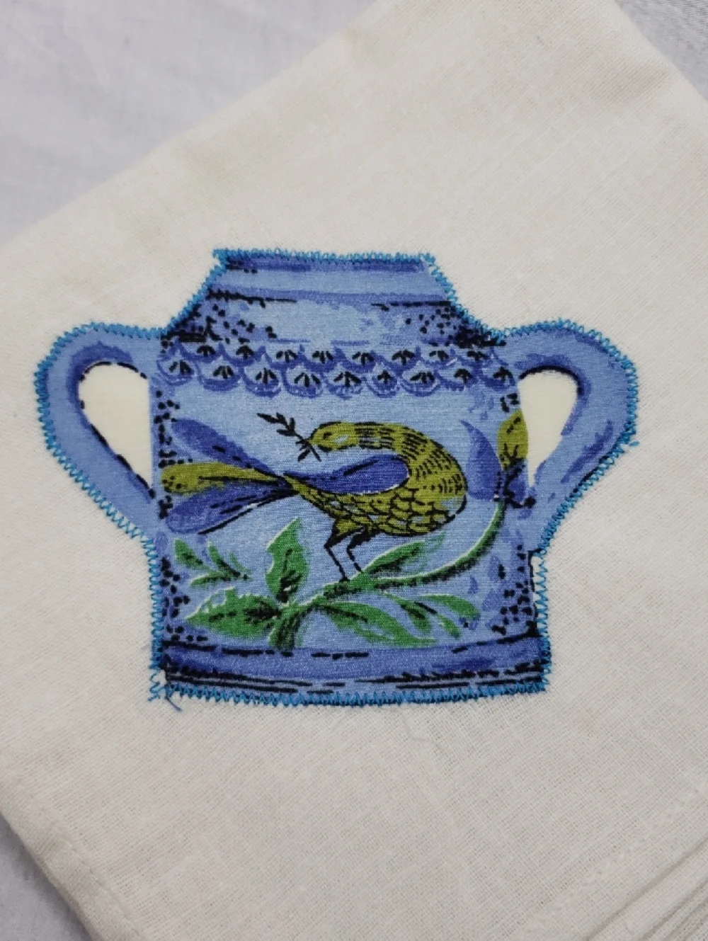 Vintage Handmade Applique Blue Pot XL Dish Towel